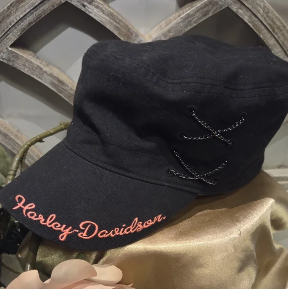 Biker Babe Energy 🏍️ Harley-Davidson Black Cadet Cap Lace Up Chain Detail - Picture 1 of 10